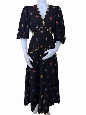FARM RIO Cutout Scalloped Embroidered Linen Blend Midi Dress Size M